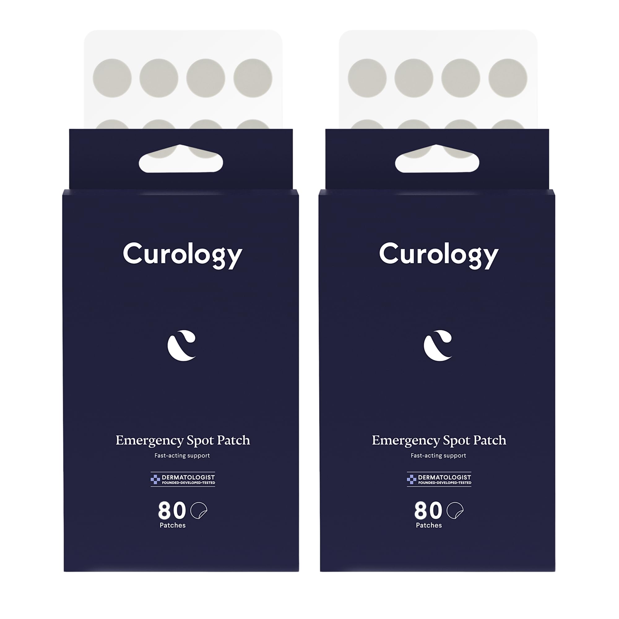 Curology Emergency Spot Patches packaging highlights a 160-count bottle for on-the-go blemish care.