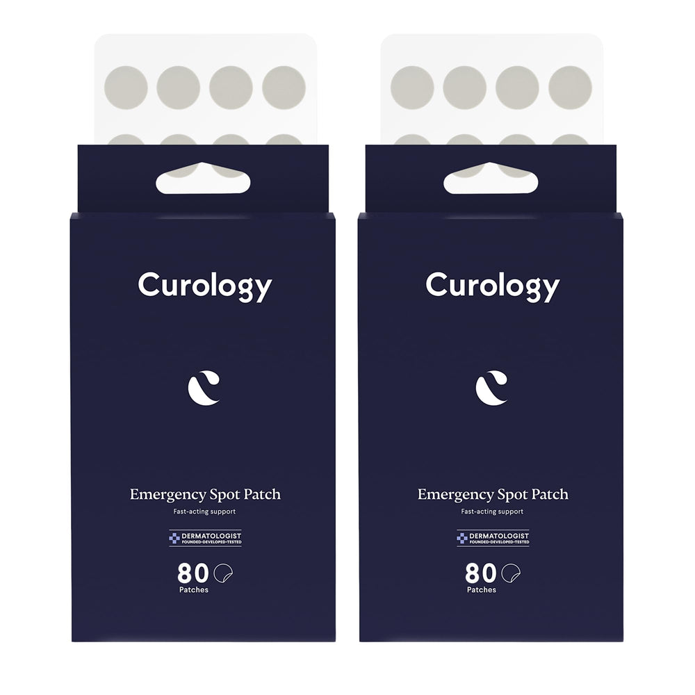 Curology Emergency Spot Patches packaging highlights a 160-count bottle for on-the-go blemish care.