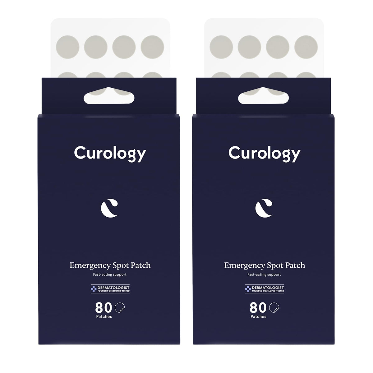 Curology Emergency Spot Patches packaging highlights a 160-count bottle for on-the-go blemish care.