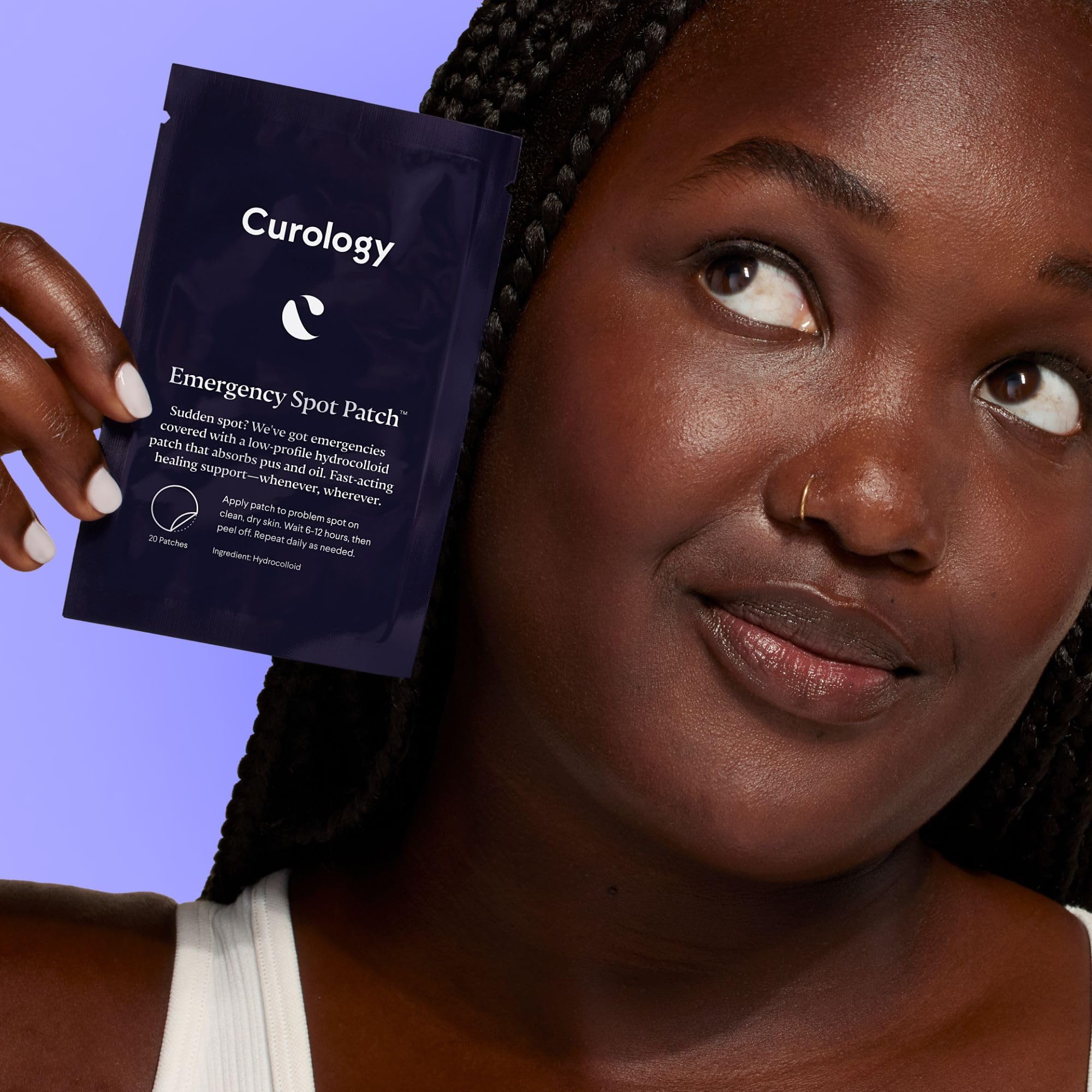 Curology Emergency Spot Patches on pimple demonstrates near-invisible coverage during daily routines.