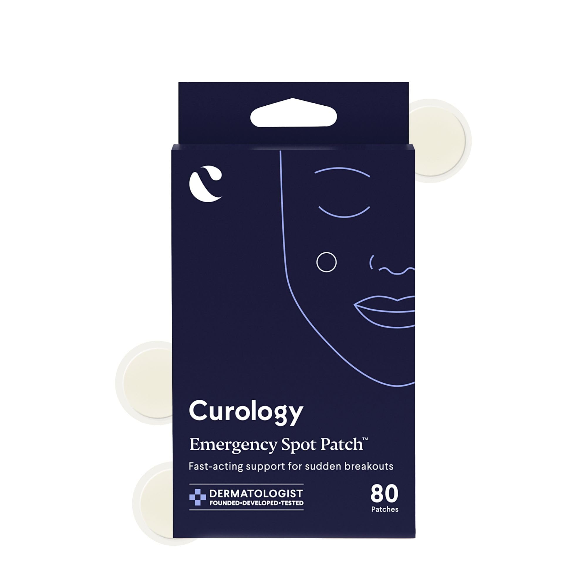Curology Emergency Spot Patches packaging highlights discreet, fast-absorb hydrocolloid protection for pimples.