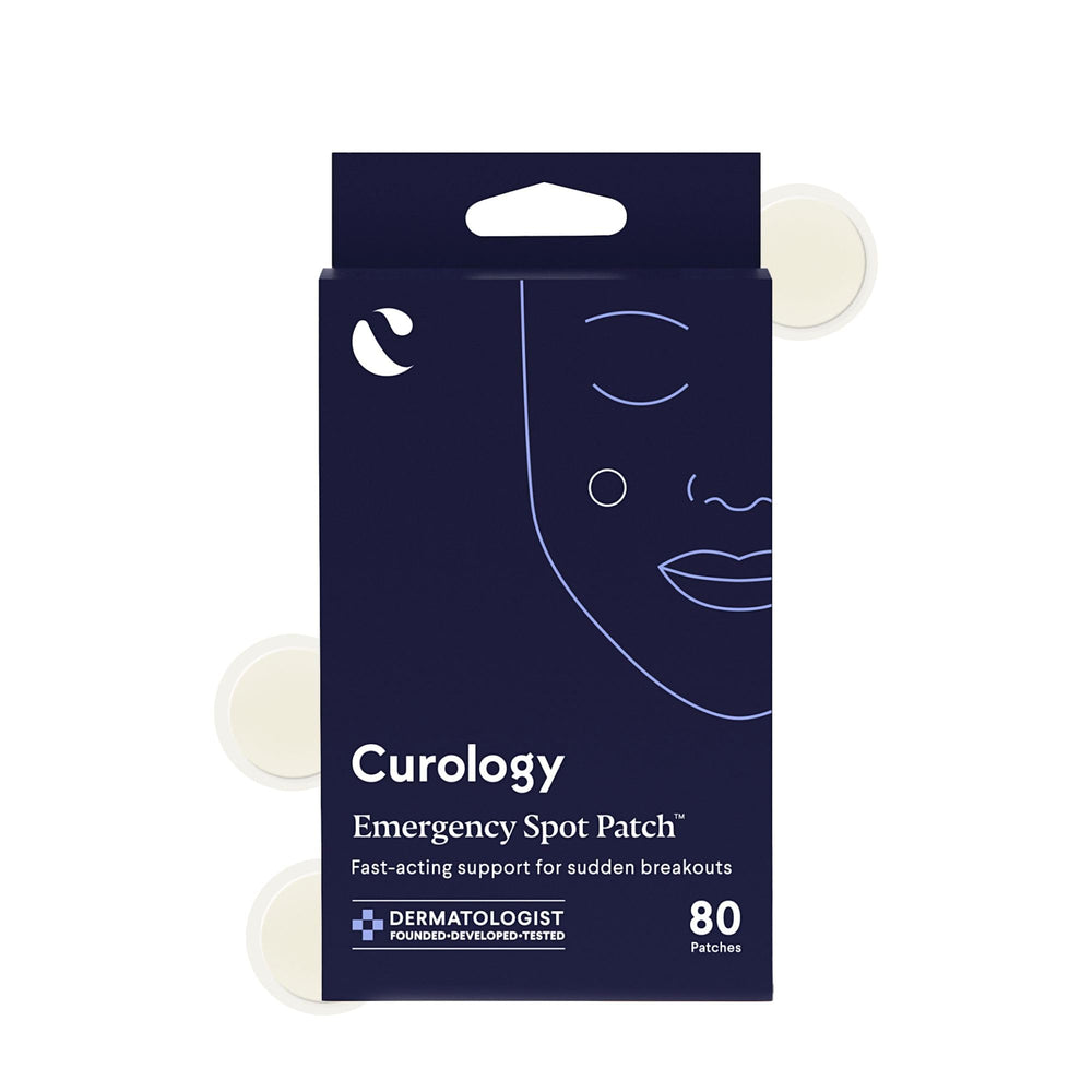 Curology Emergency Spot Patches packaging highlights discreet, fast-absorb hydrocolloid protection for pimples.
