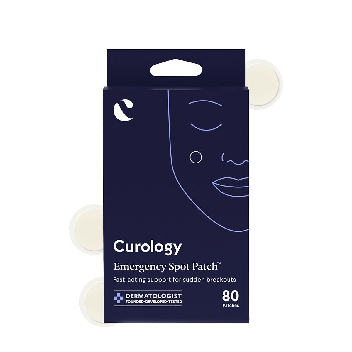 Curology Emergency Spot Patches packaging highlights discreet, fast-absorb hydrocolloid protection for pimples.