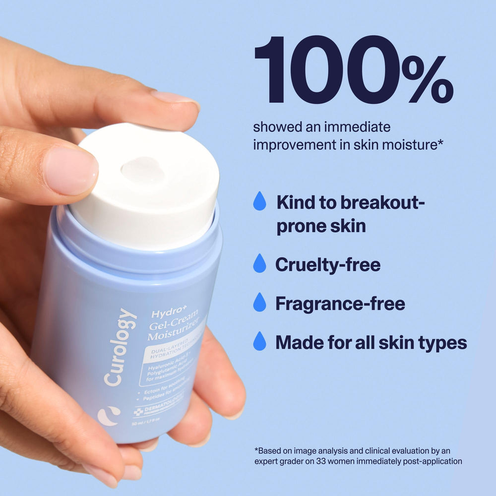 Curology Hydro Gel Cream fragrance-free label emphasizing sensitive-skin use.