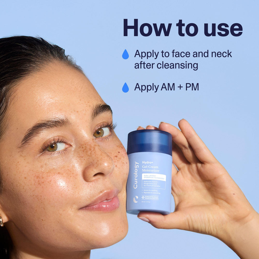 Curology Hydro Gel Cream vegan and Leaping Bunny certification on packaging.