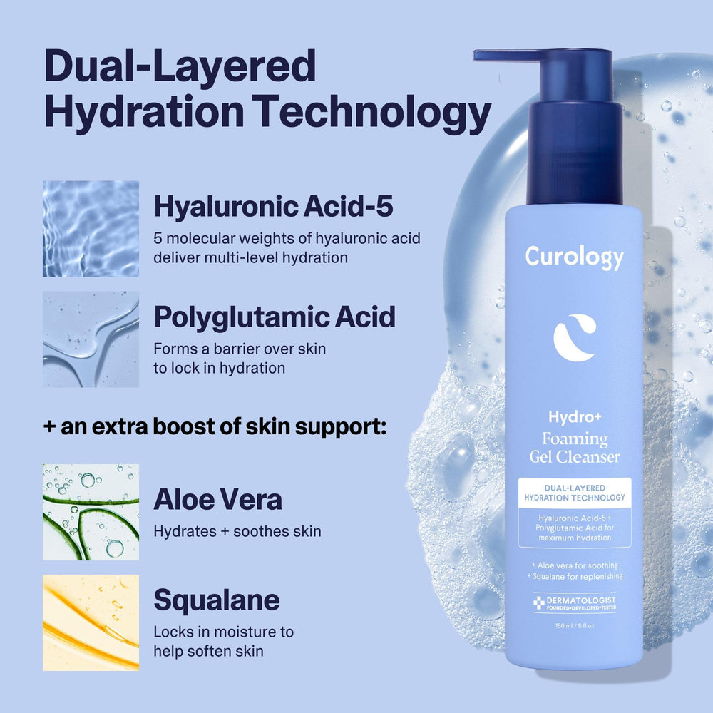 Curology Hydro+ user applying cleanser during morning routine for clean, moisturized skin.