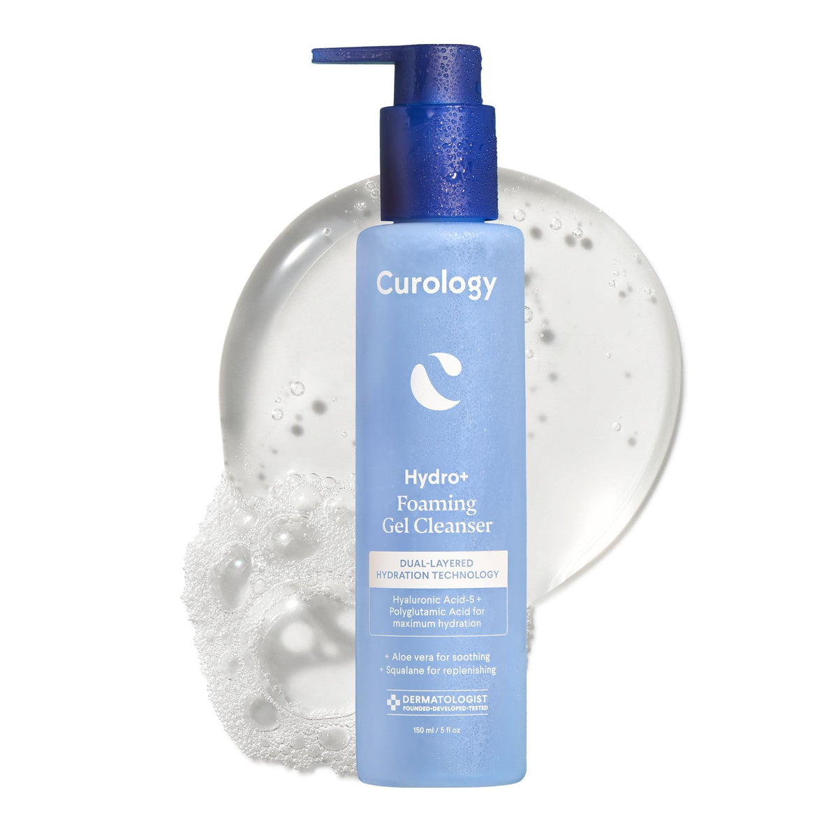 Curology Hydro+ cleanser bottle front view, fragrance-free formula for sensitive skin.