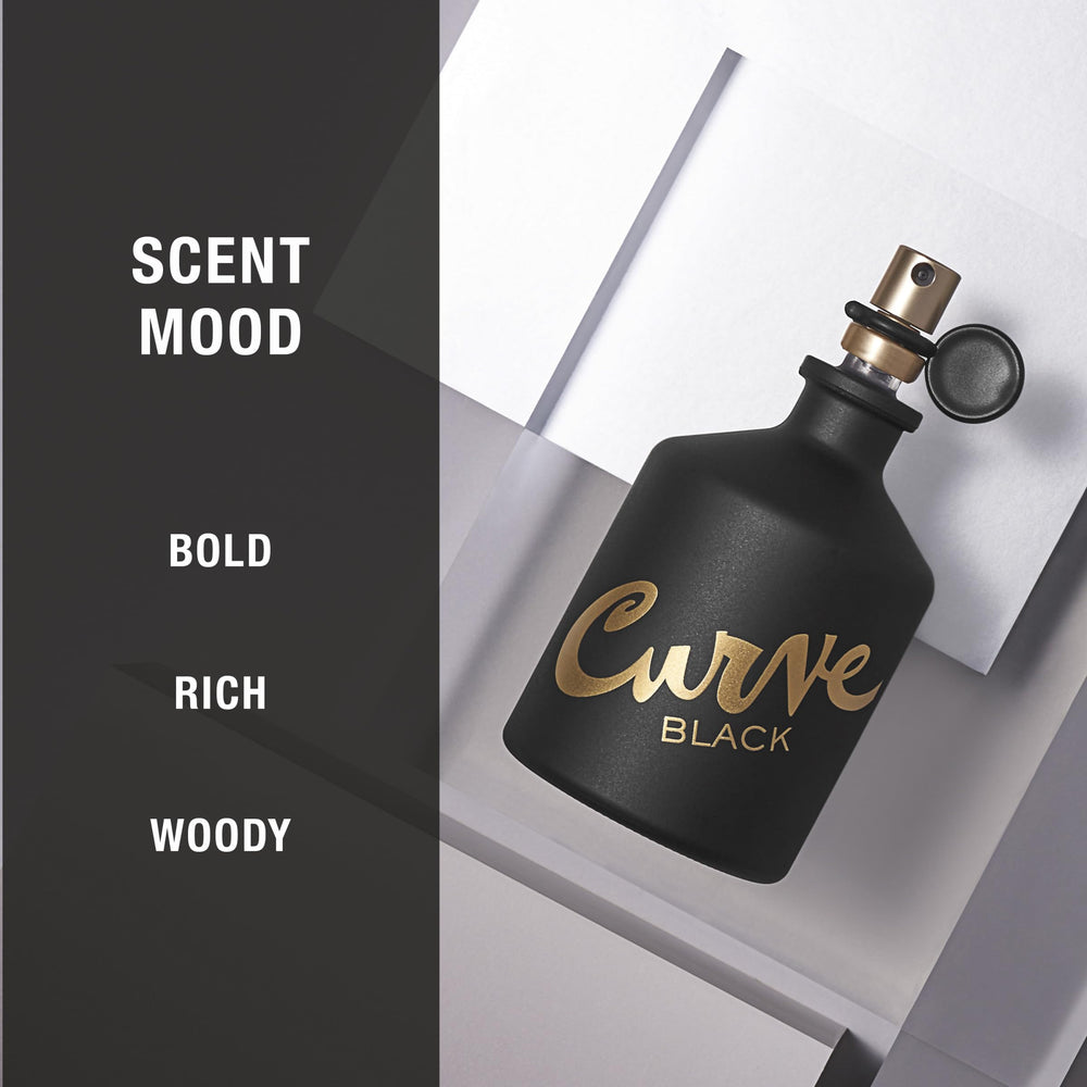 Curve Black for Men bottle cap close-up emphasizes premium packaging and easy spray action.