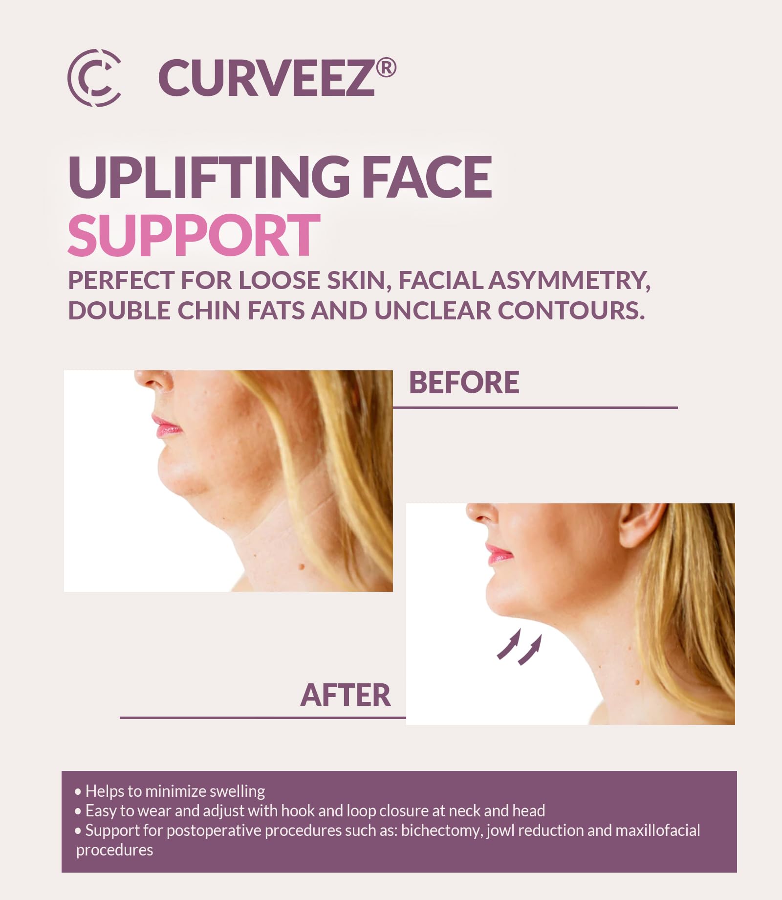 Curveez post-surgery compression chin-band aids swelling management and daytime wear comfort.