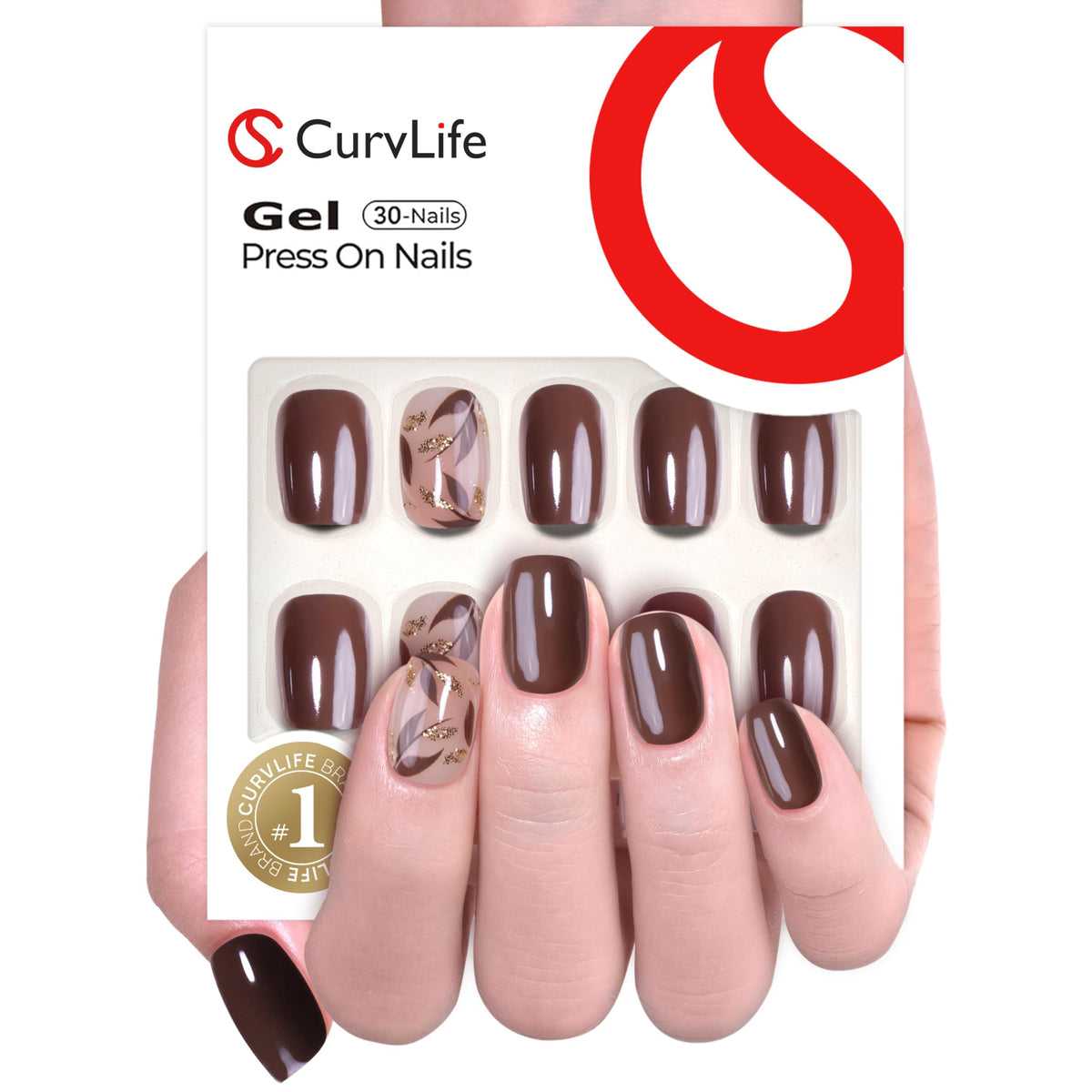 CurvLife 30-piece press-on nails kit in box for quick at-home manicures.
