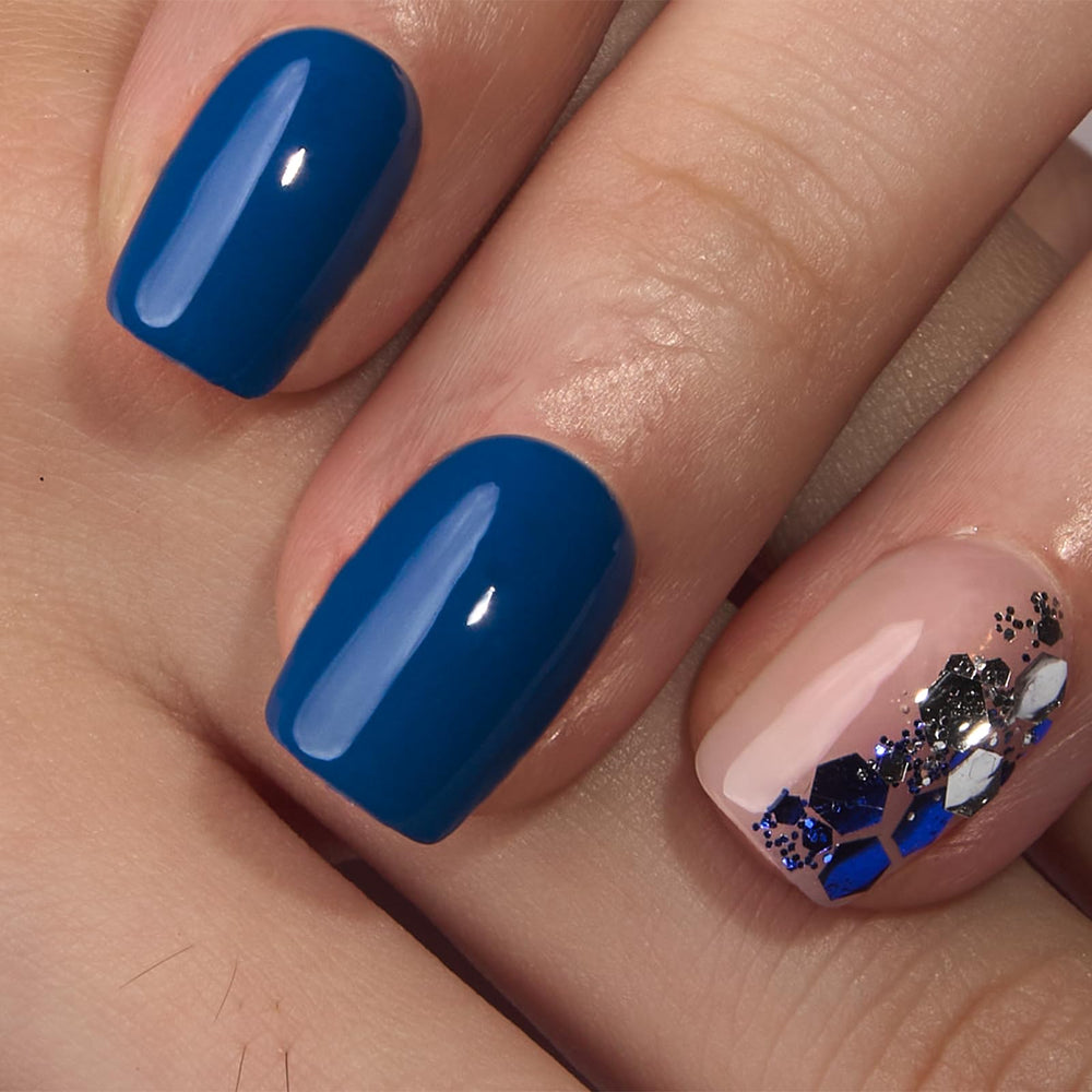 Close-up of Deep Blue gel-polish finish on nails for a glossy look