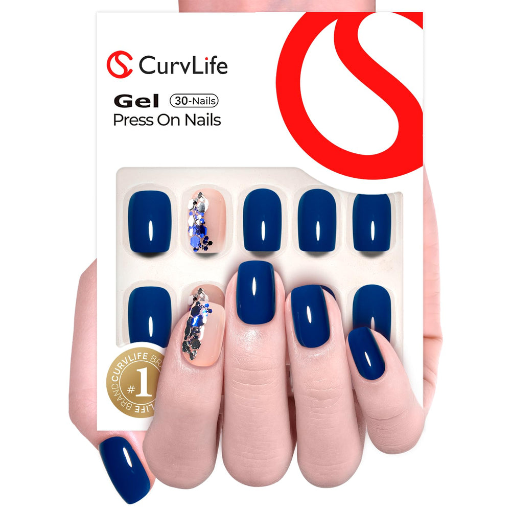 CurvLife Deep Blue short square nails on a hand for an instant manicure