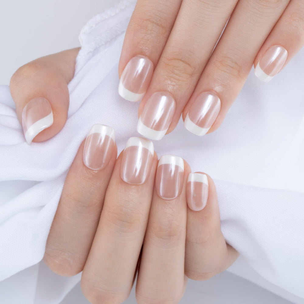 CurvLife French-tip nails closeup shows glossy, natural-looking tips for everyday wear.
