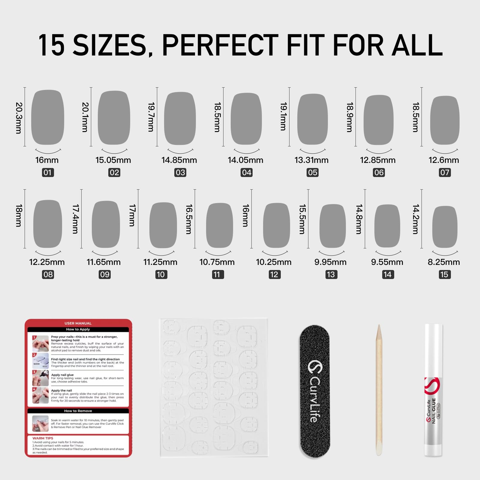 Curvlife nail care kit includes prep pad and cuticle stick.