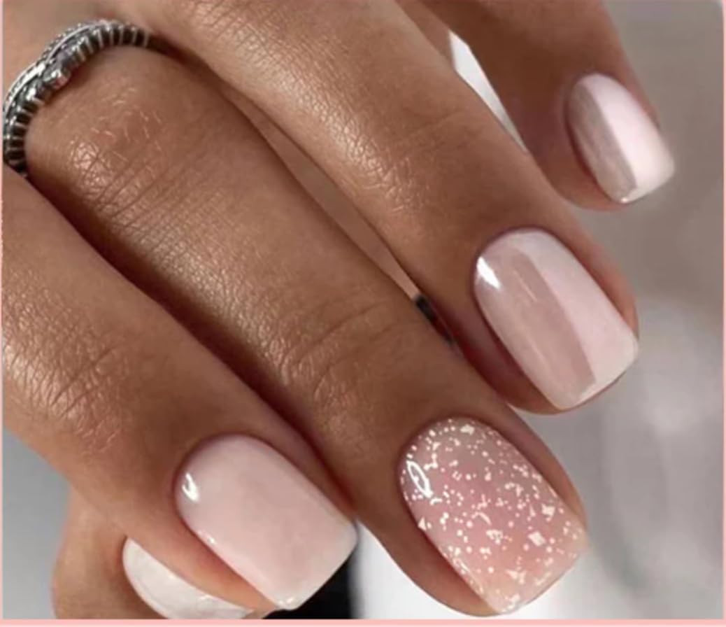 Curvlife press-on nails short square pink with snowflakes for quick glossy look