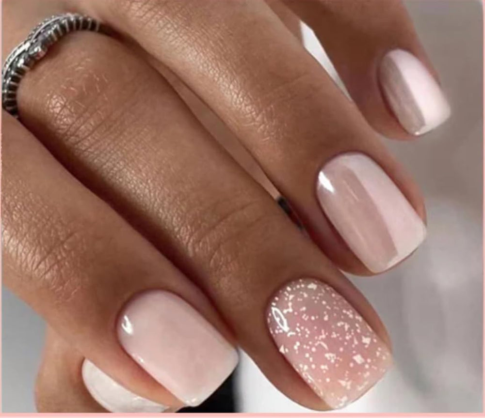 Curvlife press-on nails short square pink with snowflakes for quick glossy look