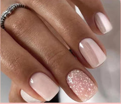 Curvlife press-on nails short square pink with snowflakes for quick glossy look