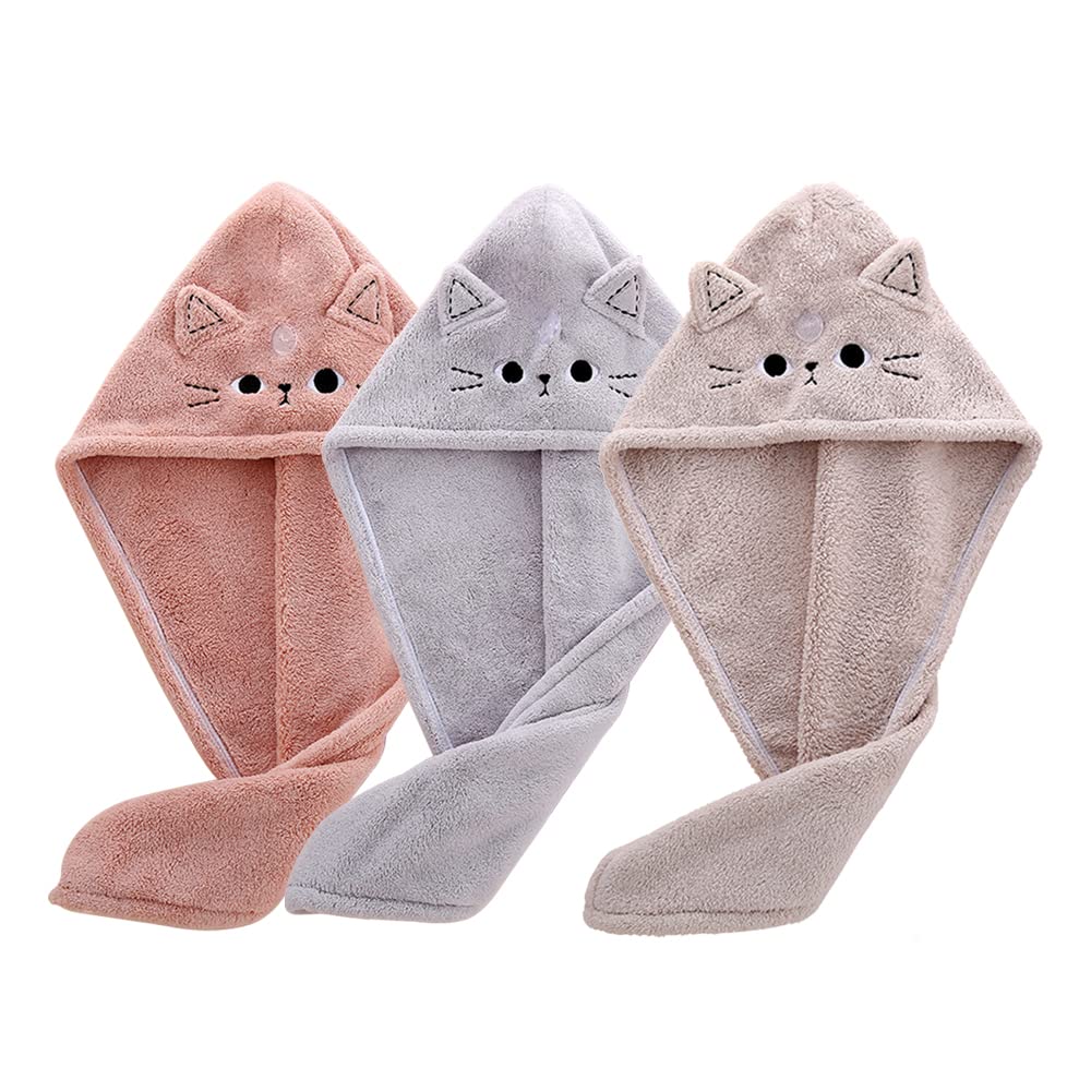Cute Cat towel wrap kids-3pack shows quick hair drying capability