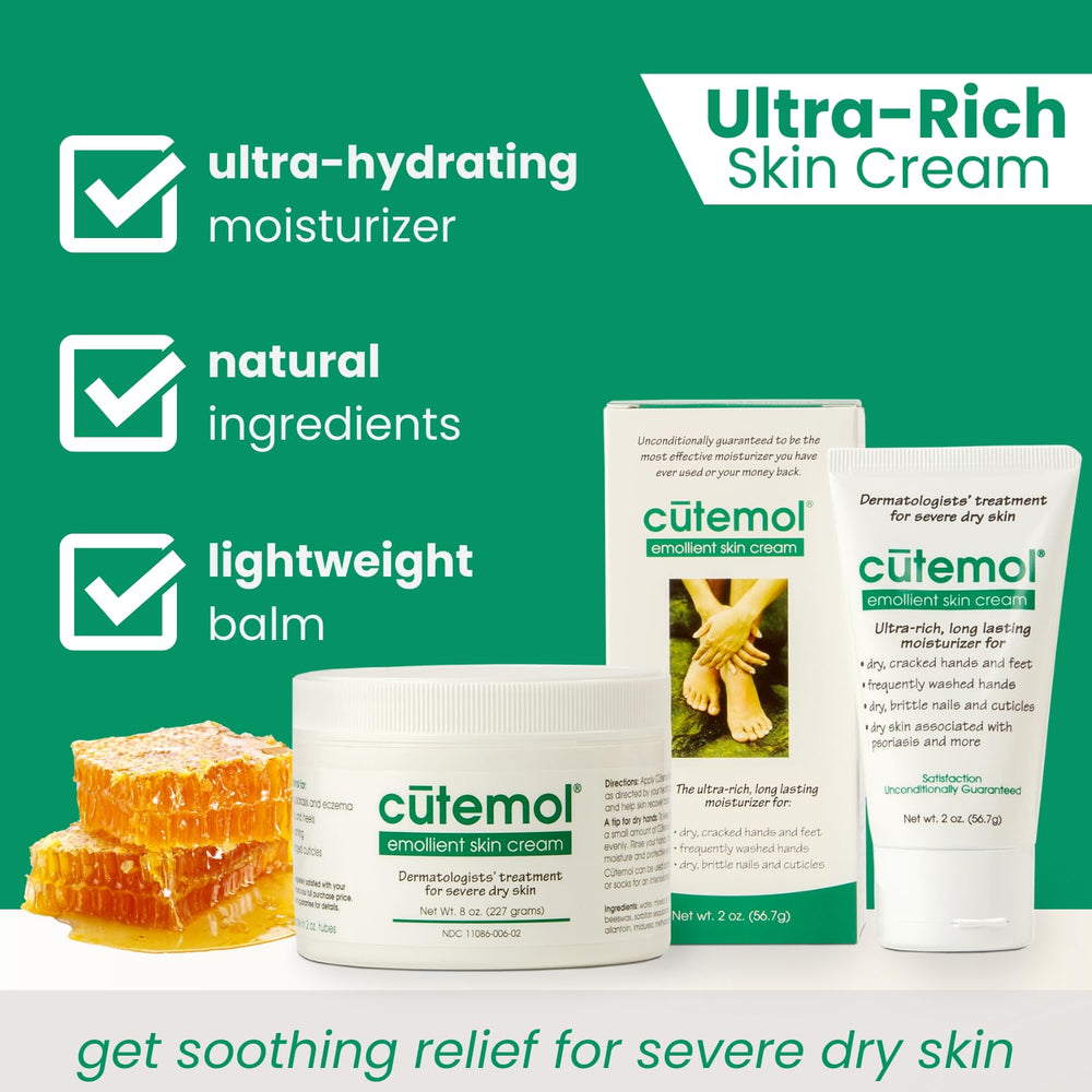 Cutemol Emollient Cream pump-bottle enables quick application for cracked hands.