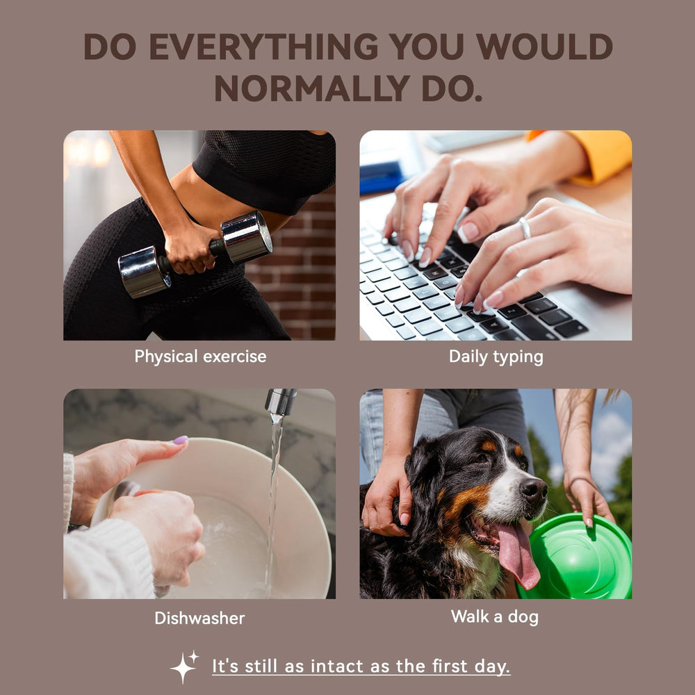 CUZIAM brown press-on nails during application process promoting quick DIY manicure