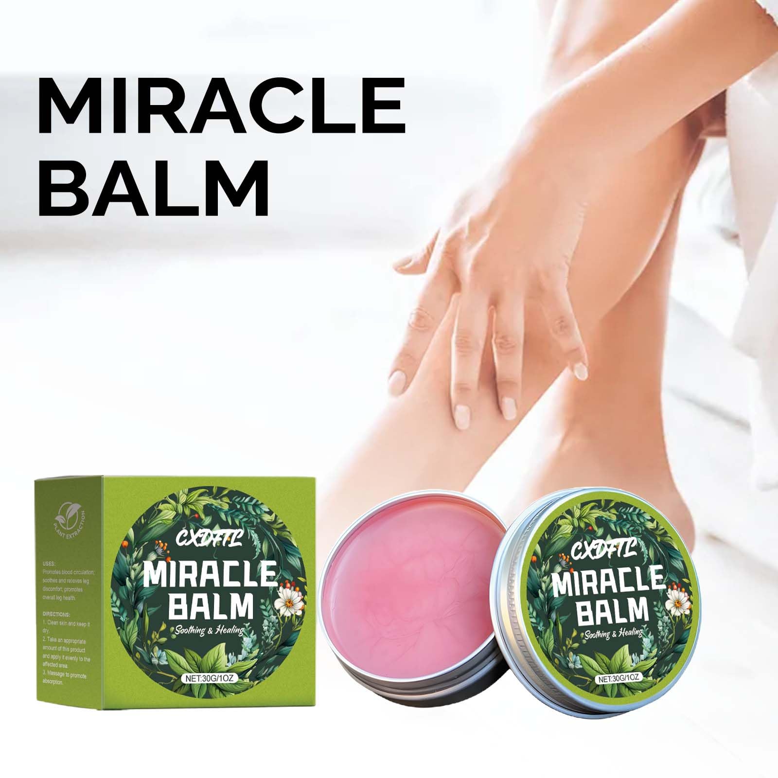 CXDFTL Miracle Balm legs application demonstrates easy spread for leg care.