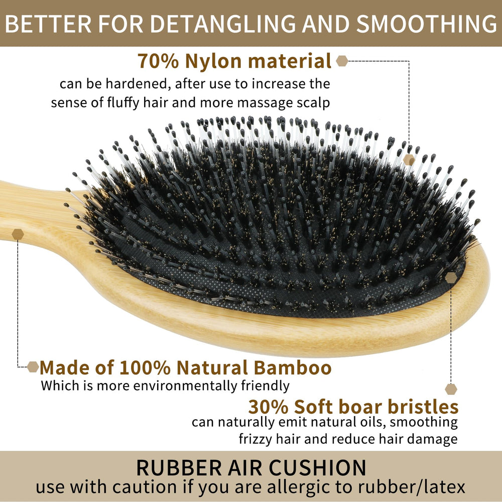 CXTYO bamboo brush with boar bristles for distributing natural oils and smoothing frizz.