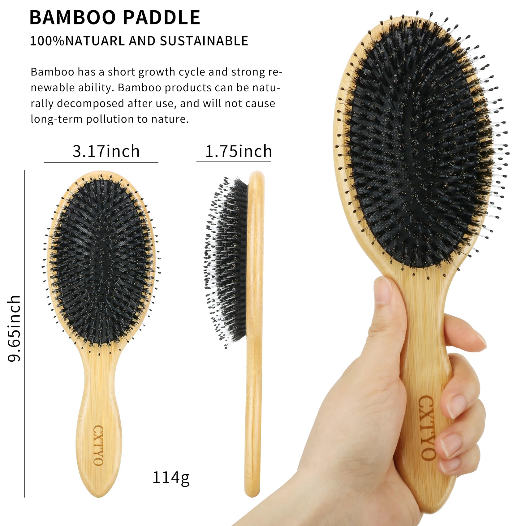 CXTYO bamboo brush with nylon bristles for gentle lift and scalp massage.