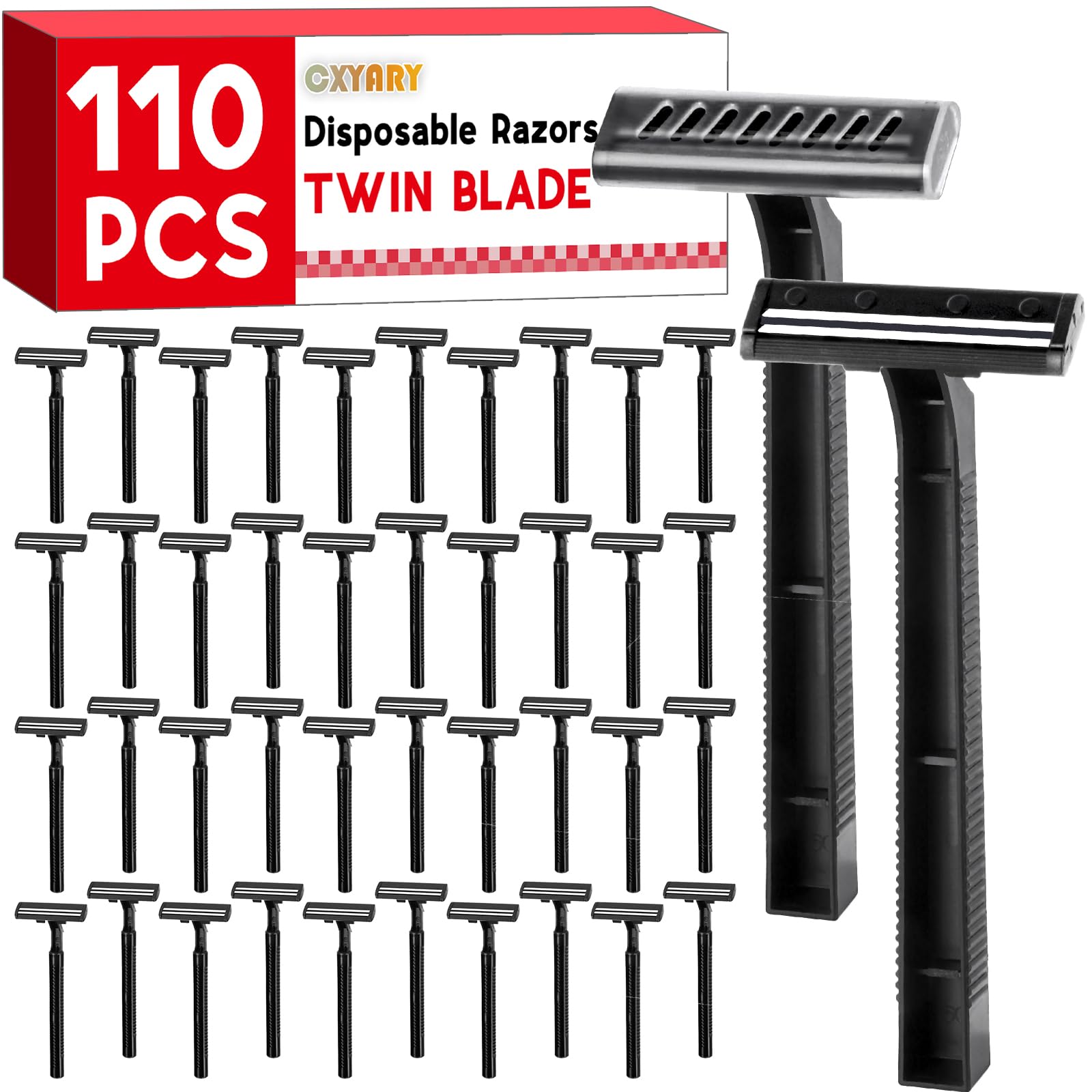 CXYARY 110-pcs twin-blade disposable razors packaging, ample supply for home, travel or office grooming.