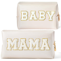 CY2SIDE Mama and Baby makeup bags set in white PU leather with chenille patches for moms on-the-go
