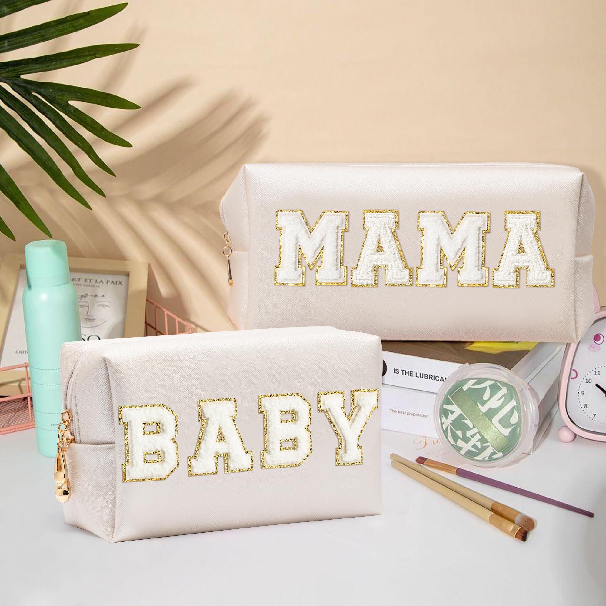 CY2SIDE Mama makeup bag patch detail on white shell with chenille texture