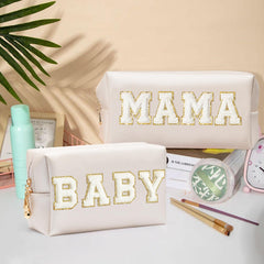 CY2SIDE Mama makeup bag patch detail on white shell with chenille texture