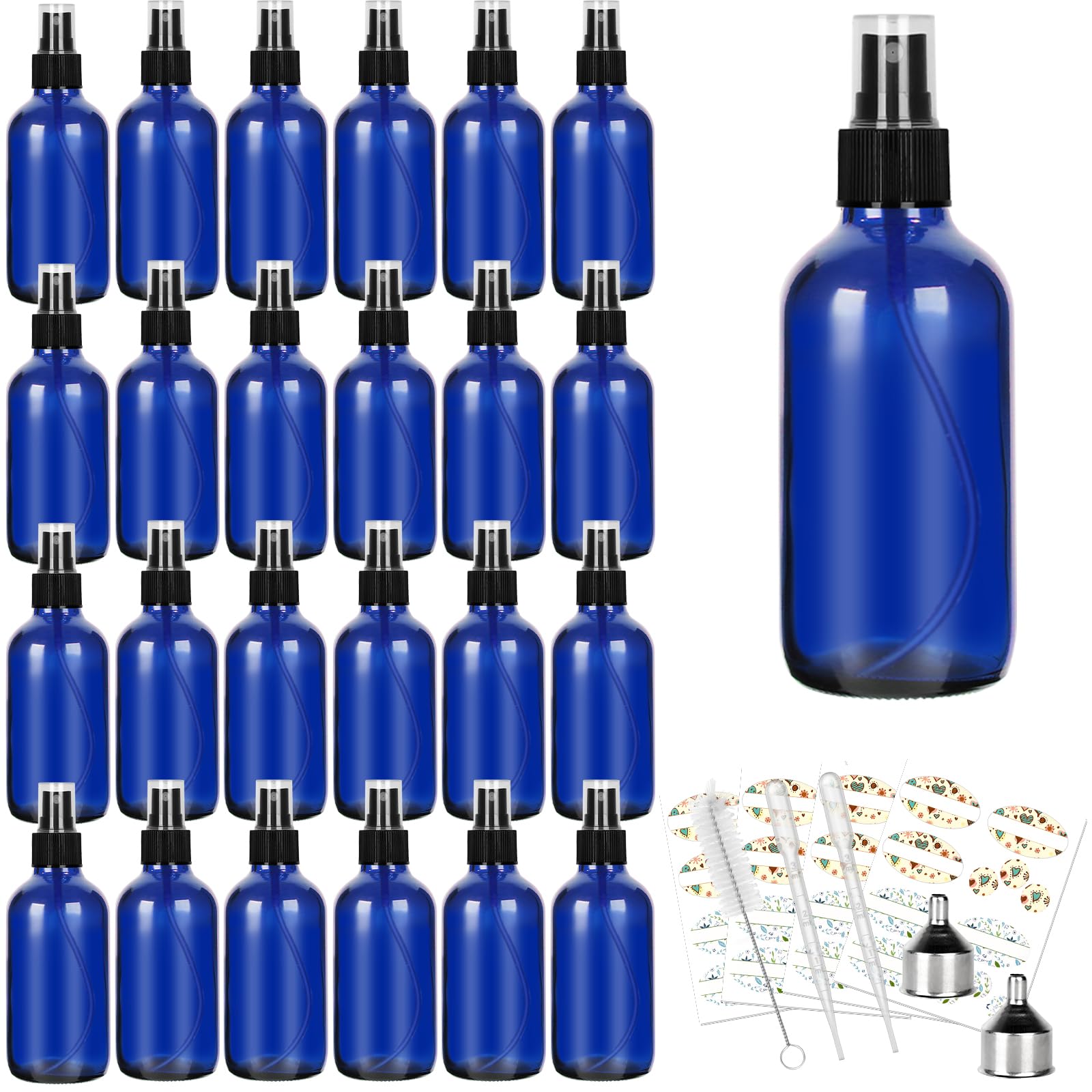 CycleMore 25-pack blue glass spray bottles with 4oz capacity for cosmetics and oils.