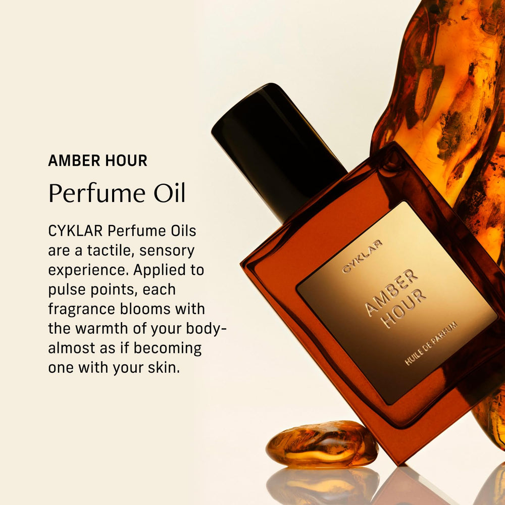 CYKLAR Amber Hour bottle close-up highlighting amber and palo santo notes.