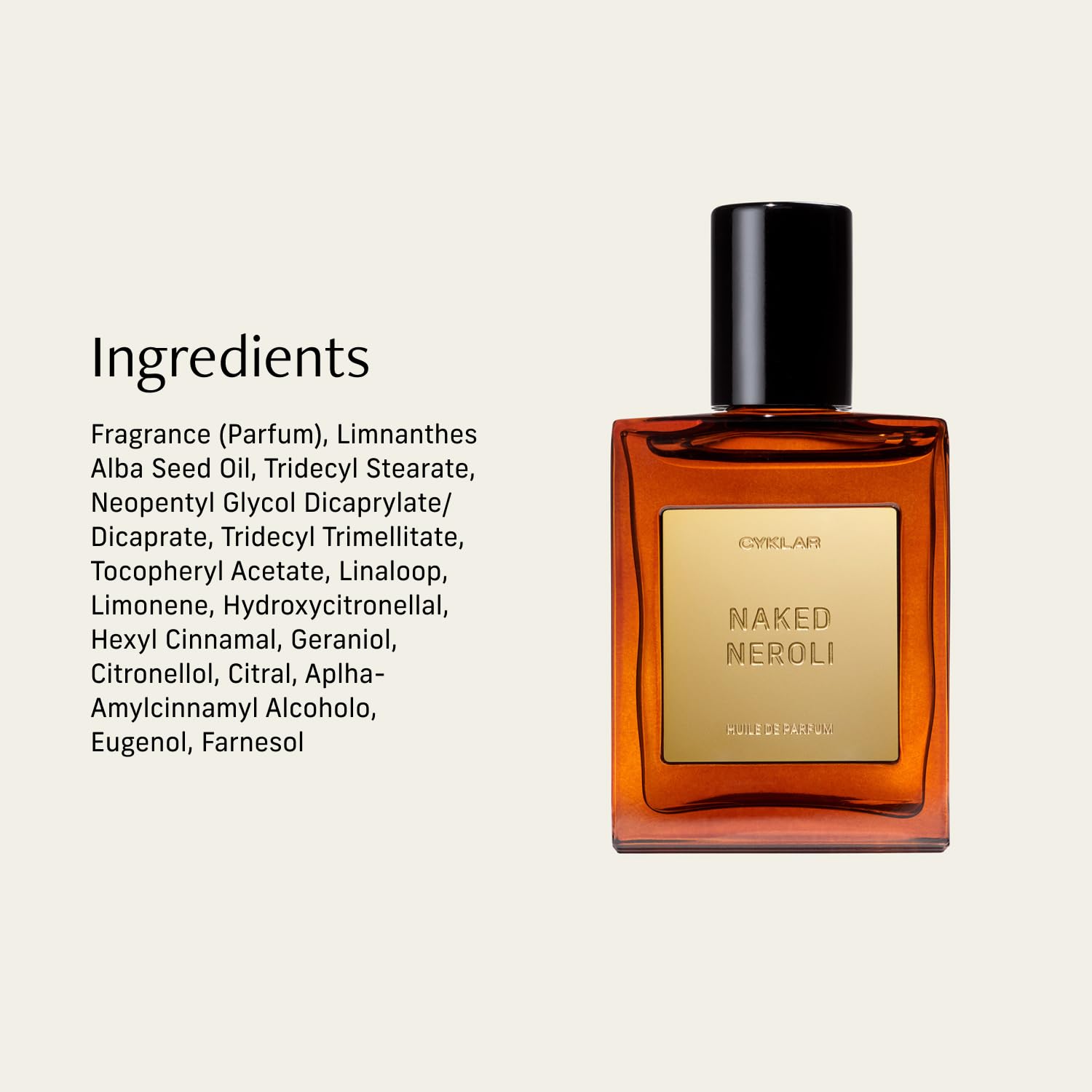 Close-up of CYKLAR Naked Neroli label emphasizing mandarin and amber notes.