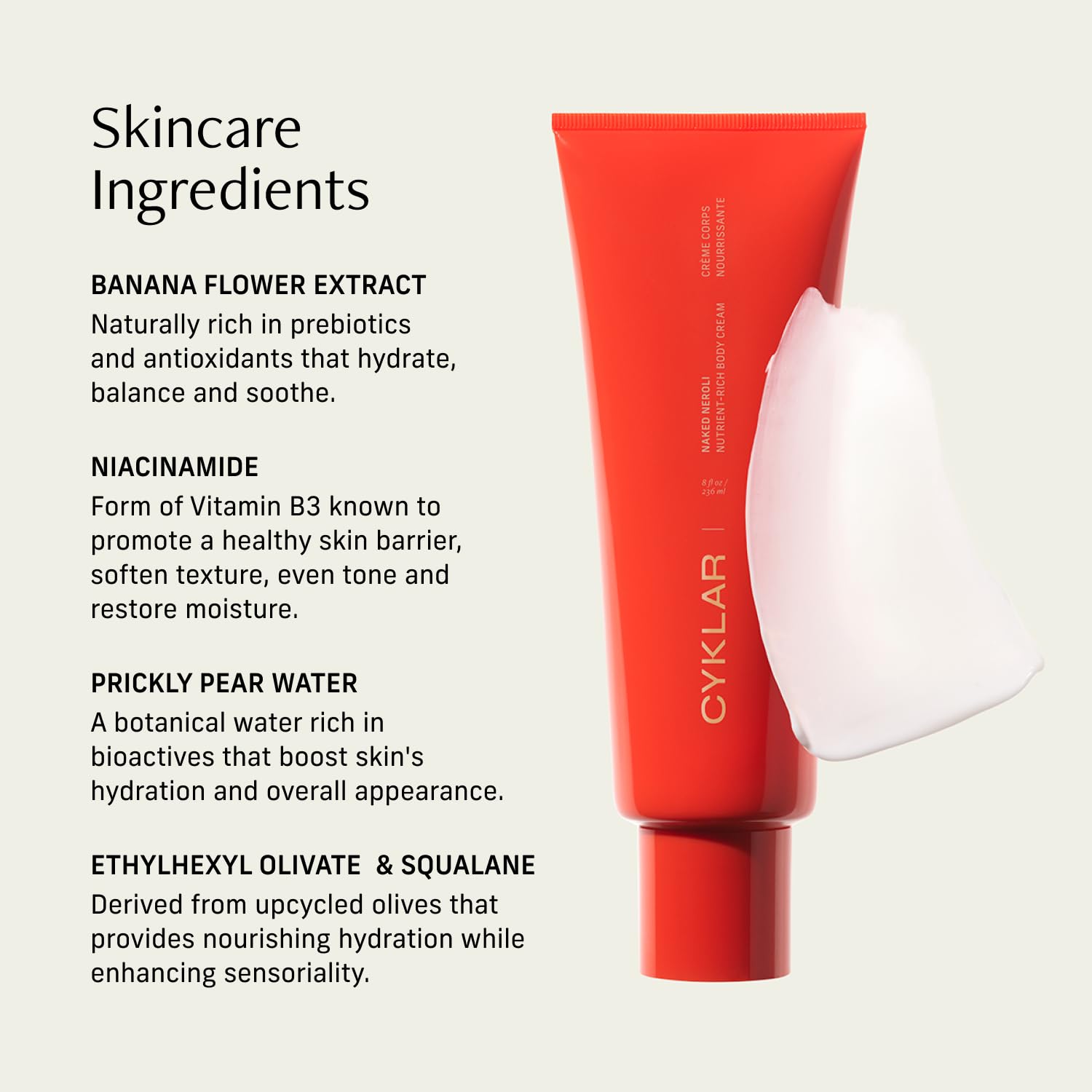 CYKLAR Niacinamide and Banana Flower support skin barrier and softness.