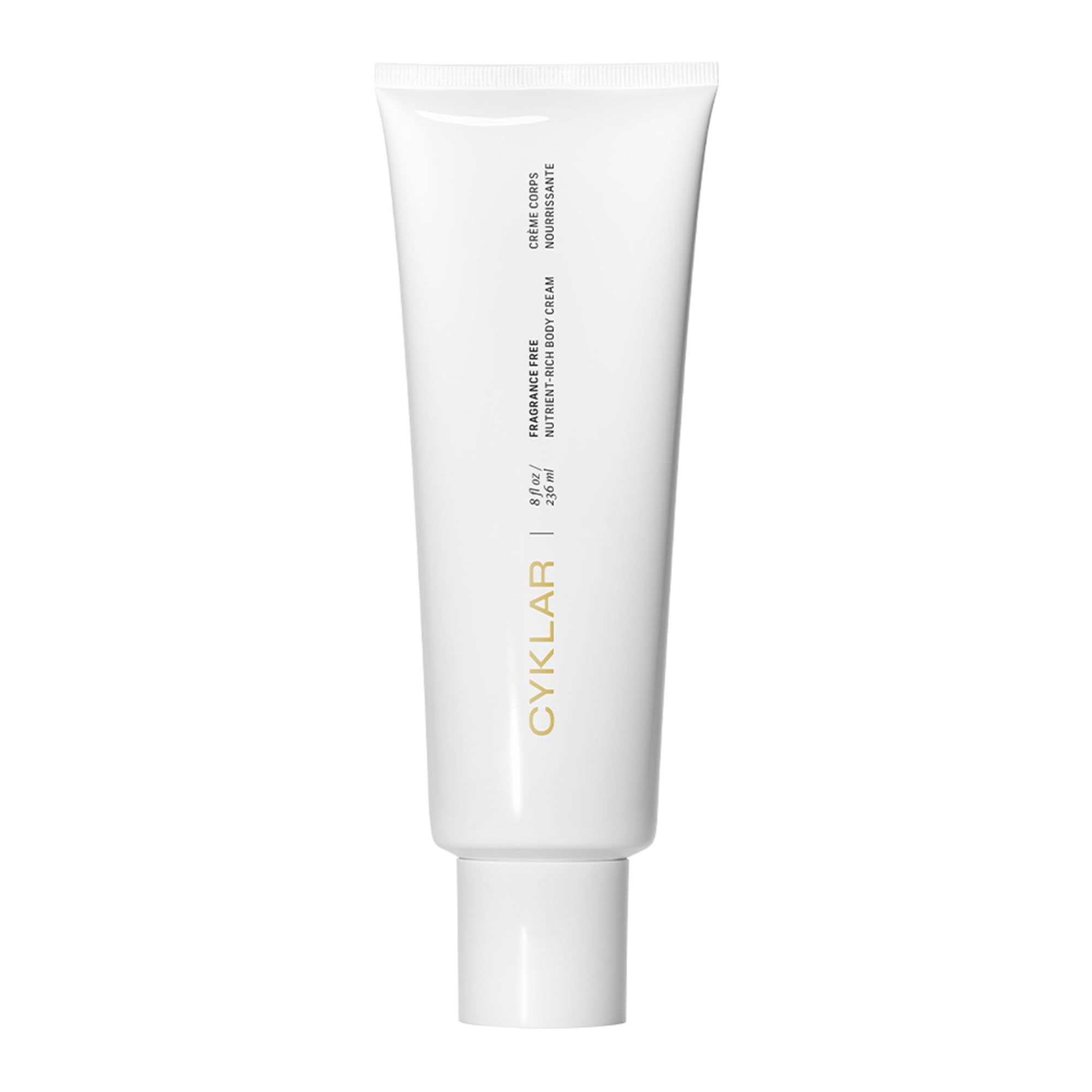 CYKLAR Nutrient Rich Body Cream tube delivers non-greasy, 48-hour hydration for dry skin.