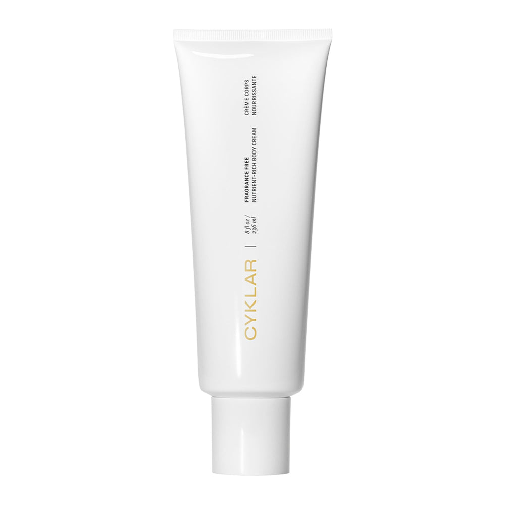 CYKLAR Nutrient Rich Body Cream tube delivers non-greasy, 48-hour hydration for dry skin.
