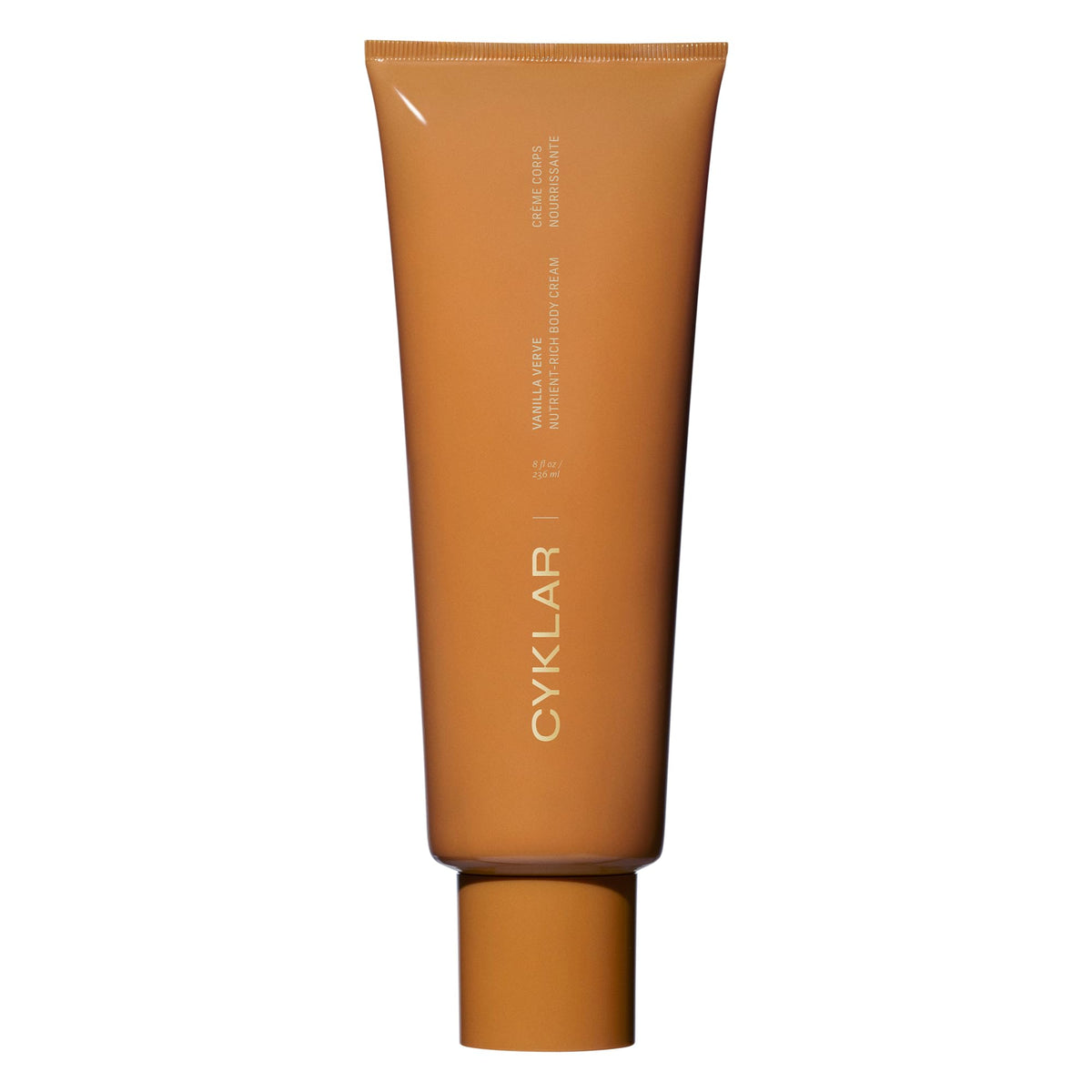 CYKLAR Nutrient Rich Body Cream Vanilla Verve tube shows thick moisturizing texture for daily use.