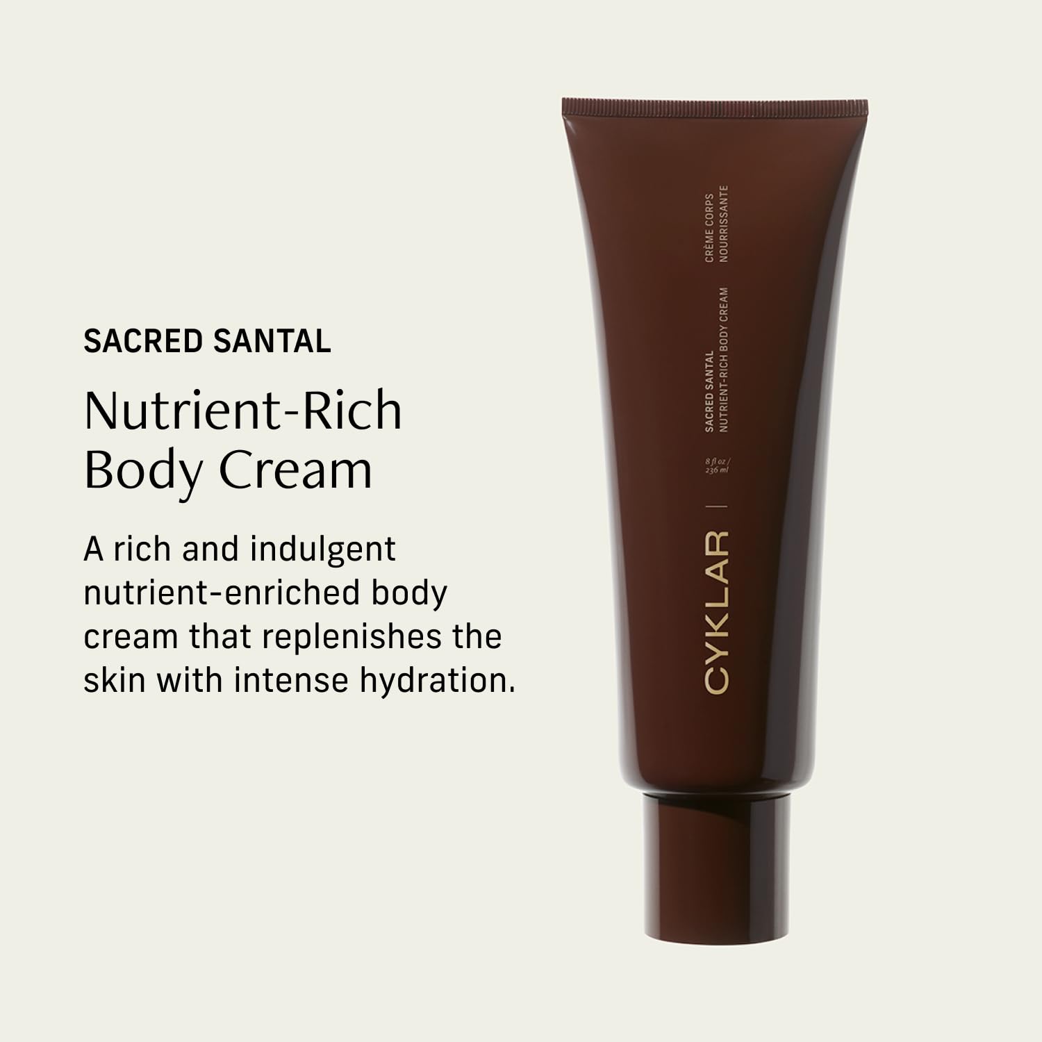 CYKLAR Sacred Santal scent bottle evokes warm, comforting ambiance for daily skincare ritual.