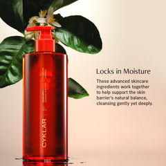 CYKLAR Sensorial Body Wash multi-oil complex graphic emphasizes lasting moisture-locking benefits.