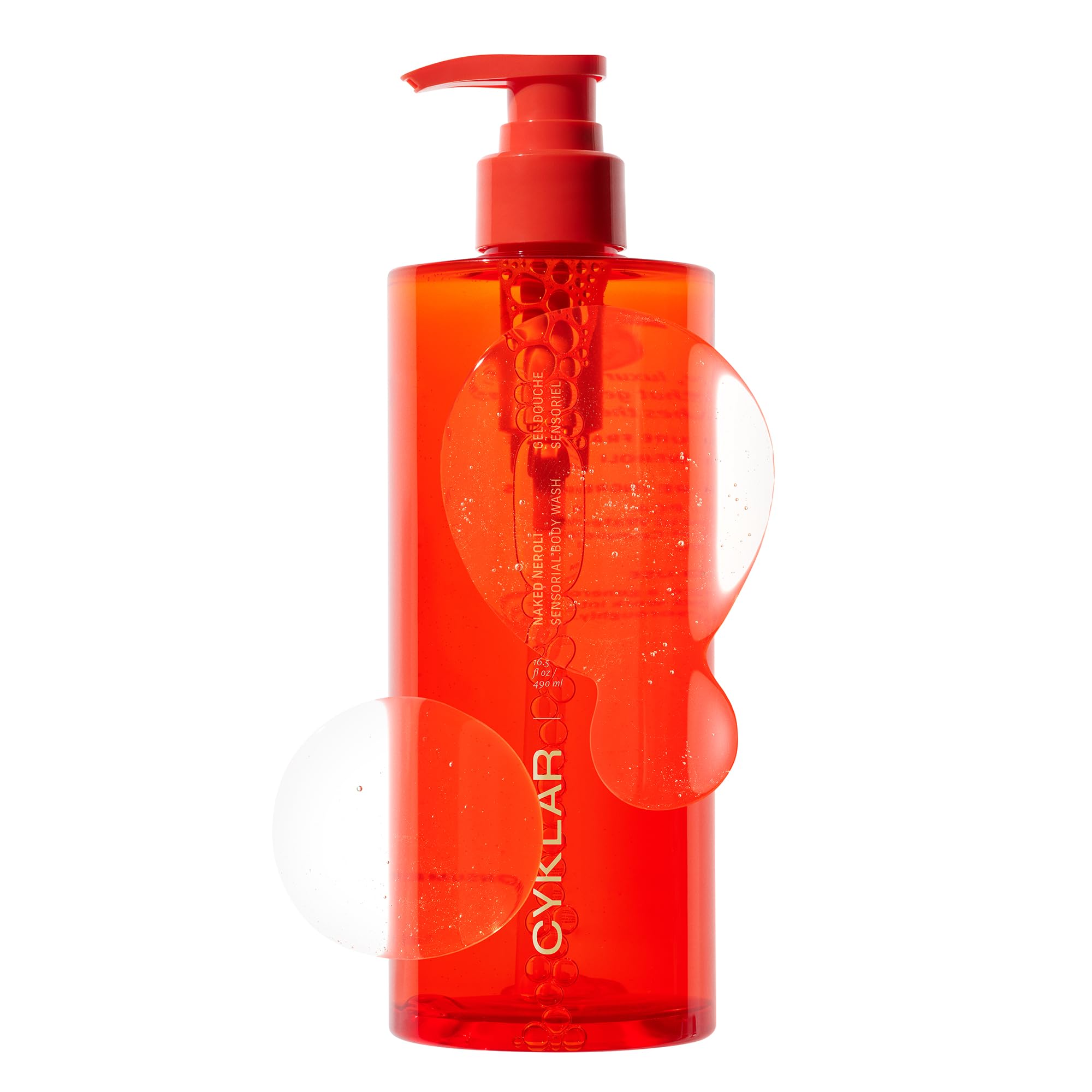 CYKLAR Sensorial Body Wash Naked Neroli bottle pour for a hydrating cleanse and soothing aroma.
