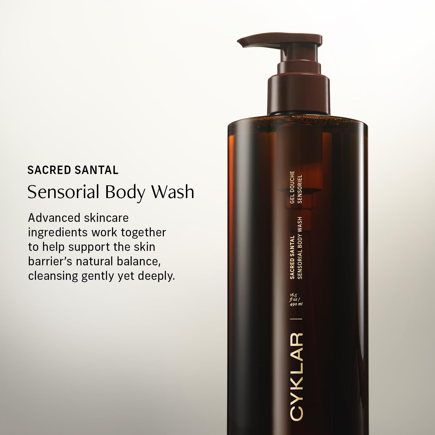 CYKLAR Sensorial Body Wash rich-lather emphasizes silky cleanse and gentle skin nourishment.