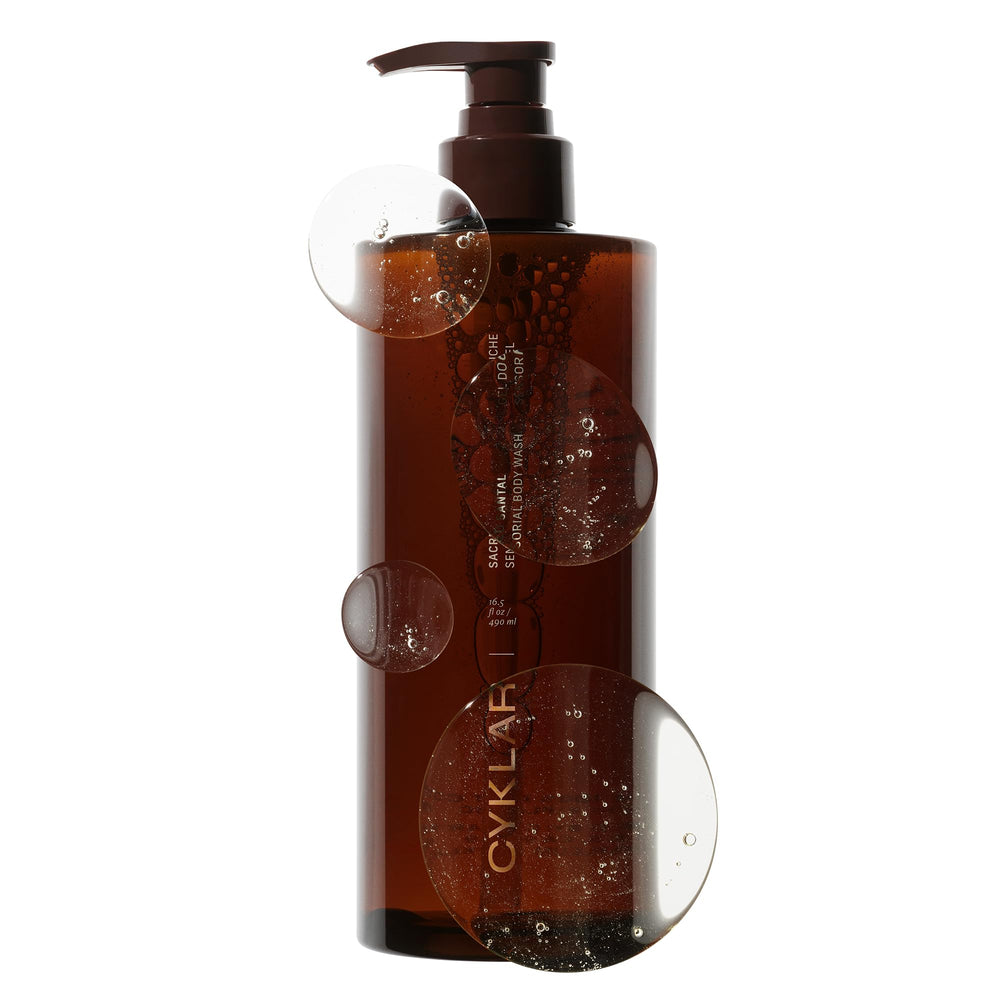 CYKLAR Sensorial Body Wash bottle highlighting Sacred Santal hydration for a luxurious shower.