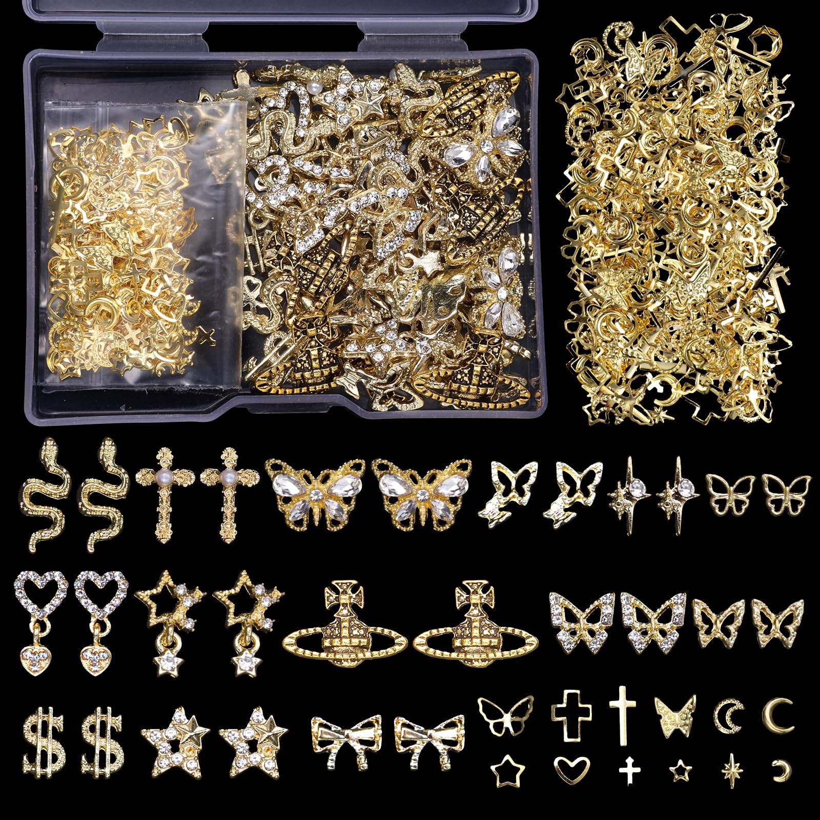Cynailli 320pcs 3D nail charms collection closeup shows diverse gold designs for vibrant nail art.