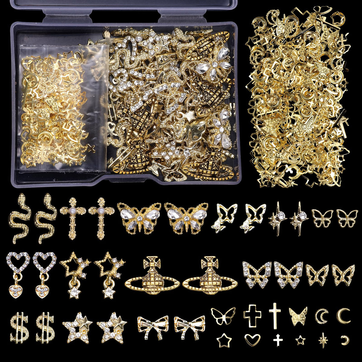 Cynailli 320pcs 3D nail charms collection closeup shows diverse gold designs for vibrant nail art.