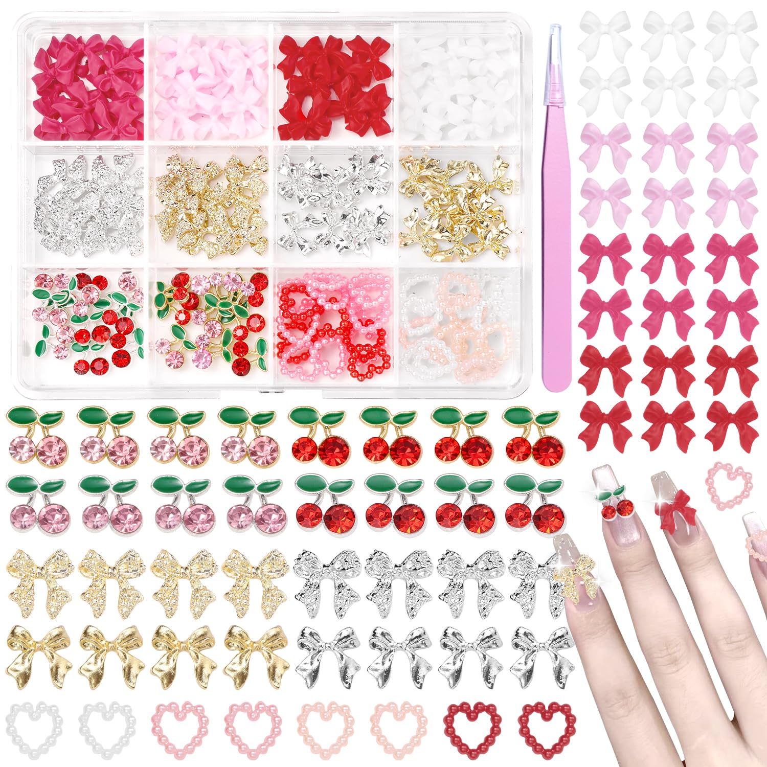 Cynailli 3D nail gems box with tweezers for precise, quick nail art application.