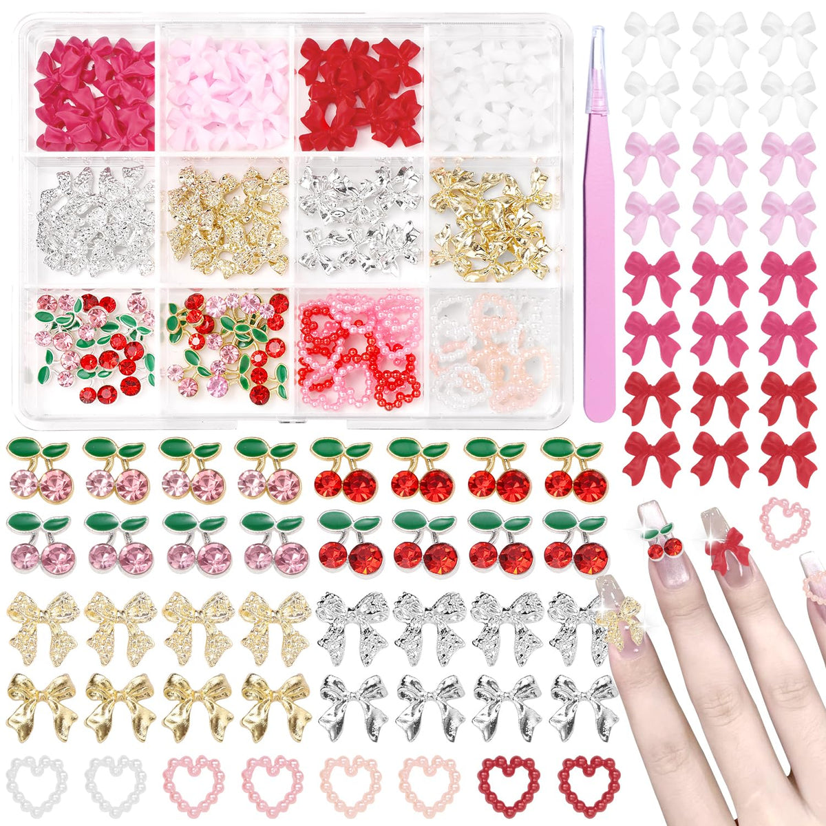 Cynailli 3D nail gems box with tweezers for precise, quick nail art application.