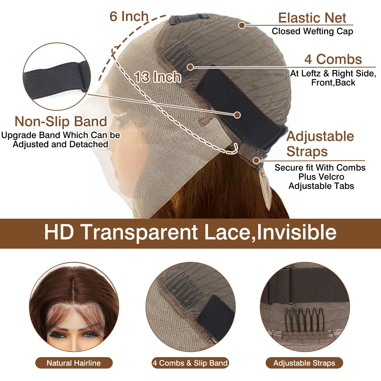 Cypha brown human hair wig offers pre-plucked hairline for easy styling.