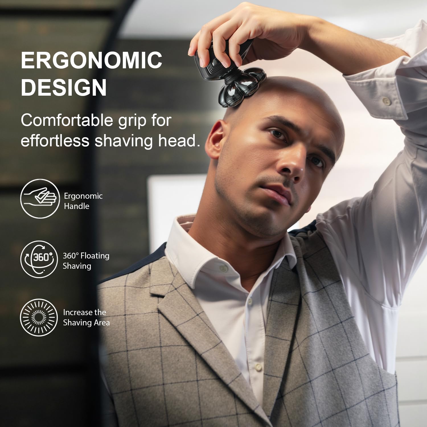 Cyruzi head shaver with 7D floating flex adapts to scalp contours.
