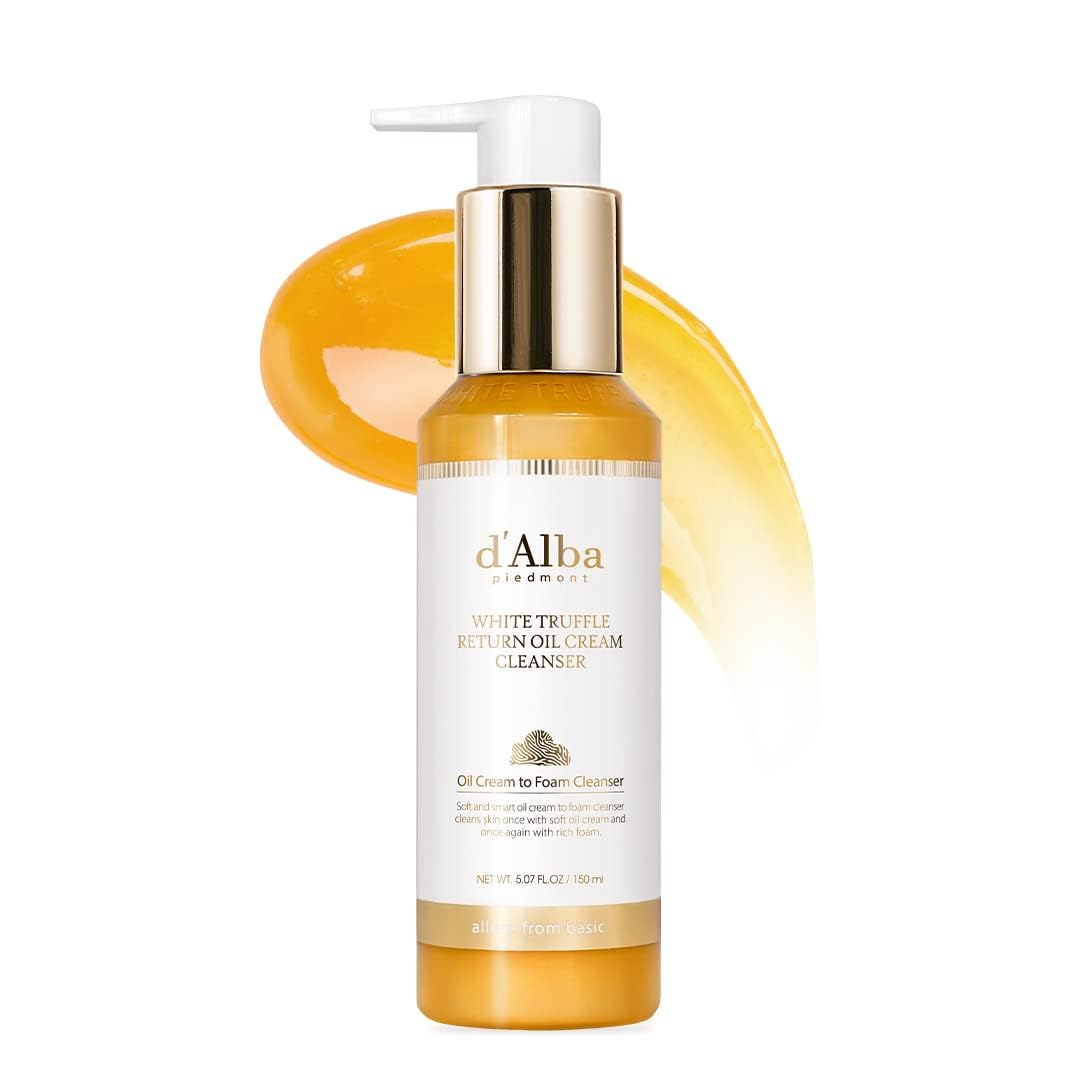 d'alba Piedmont Italian White Truffle Return Oil Cleanser bottle offers one-step makeup removal and hydration.